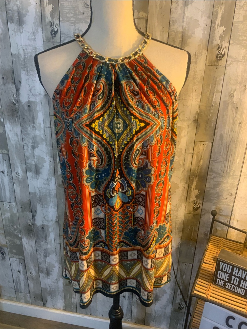 Boston Proper Orange Paisley Halter Tank with Chain Neck
